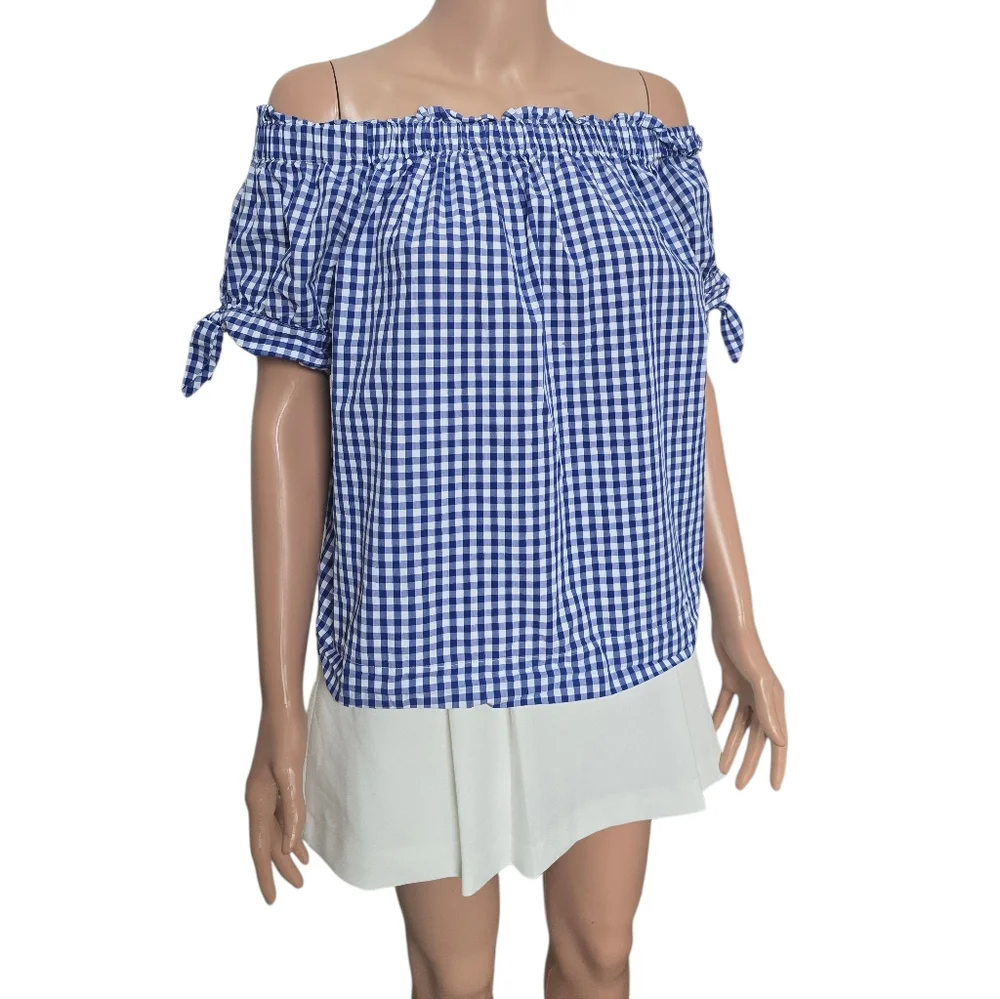 J.Crew Off the Shoulder Top in Gingham Blue Sapphire White Cotton Tie Knots
